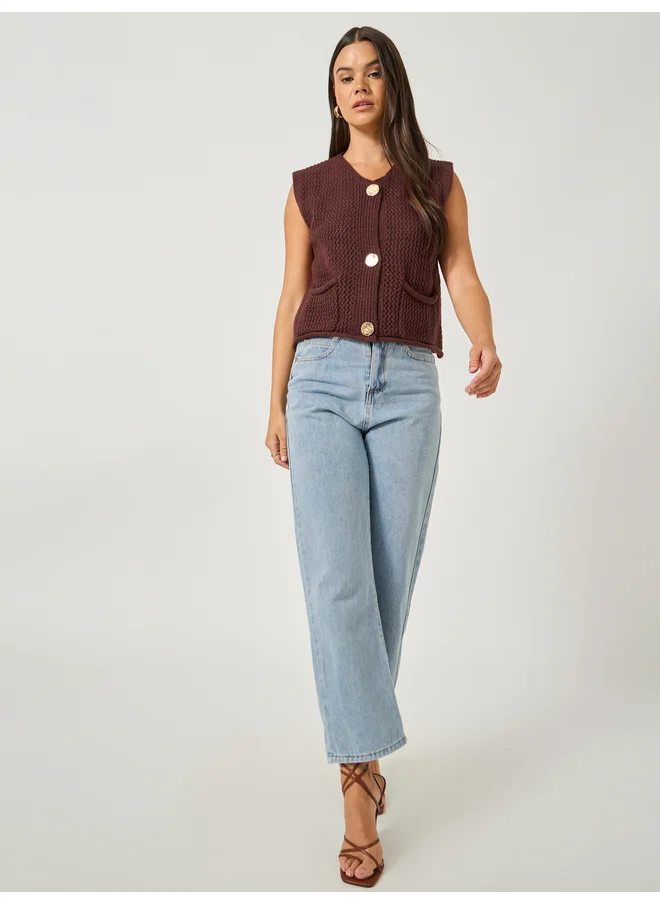Styli Styli Open Knit Sleeveless Button Front Top