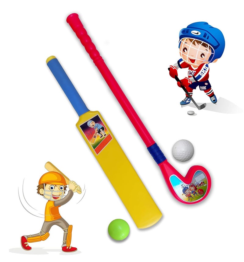 PSEUDO ® Kids Cricket Bat Ball Set and Hockey Stick with 2 Balls for Kids Indoor and Outdoor Playing Sport Game - Image 1