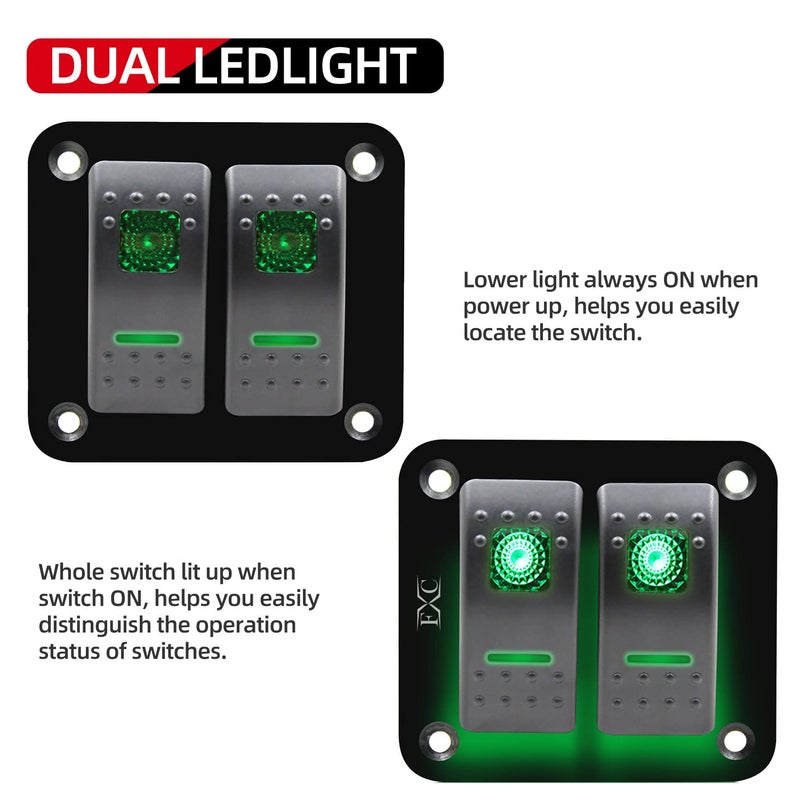 FXC Rocker Switch Aluminum Panel 2 Gang Toggle Switches Dash 5 Pin ON/Off 2 LED Backlit for Boat Car Marine Green - Image 2