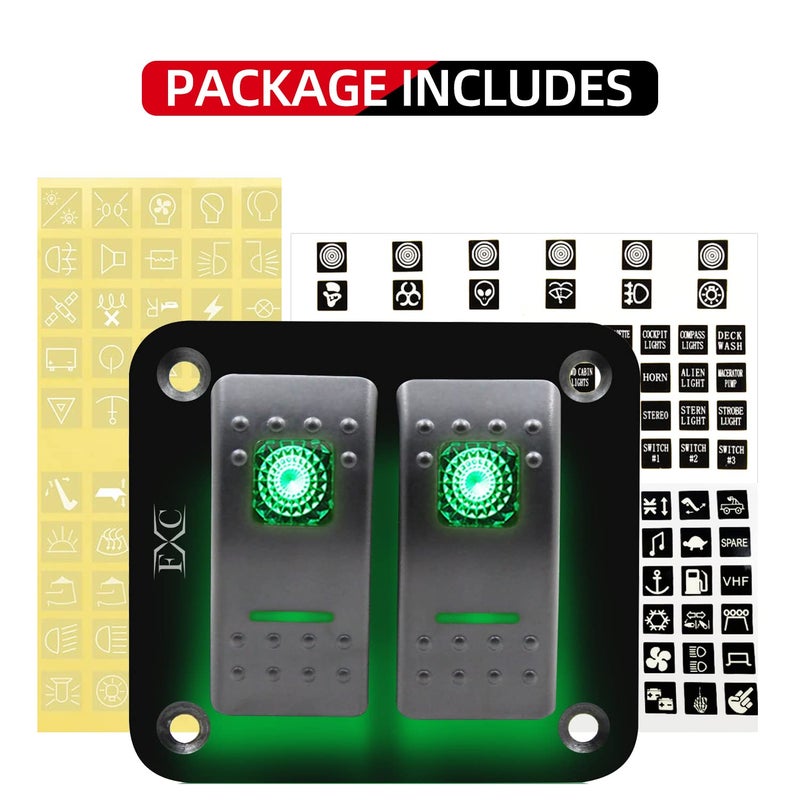 FXC Rocker Switch Aluminum Panel 2 Gang Toggle Switches Dash 5 Pin ON/Off 2 LED Backlit for Boat Car Marine Green - Image 3