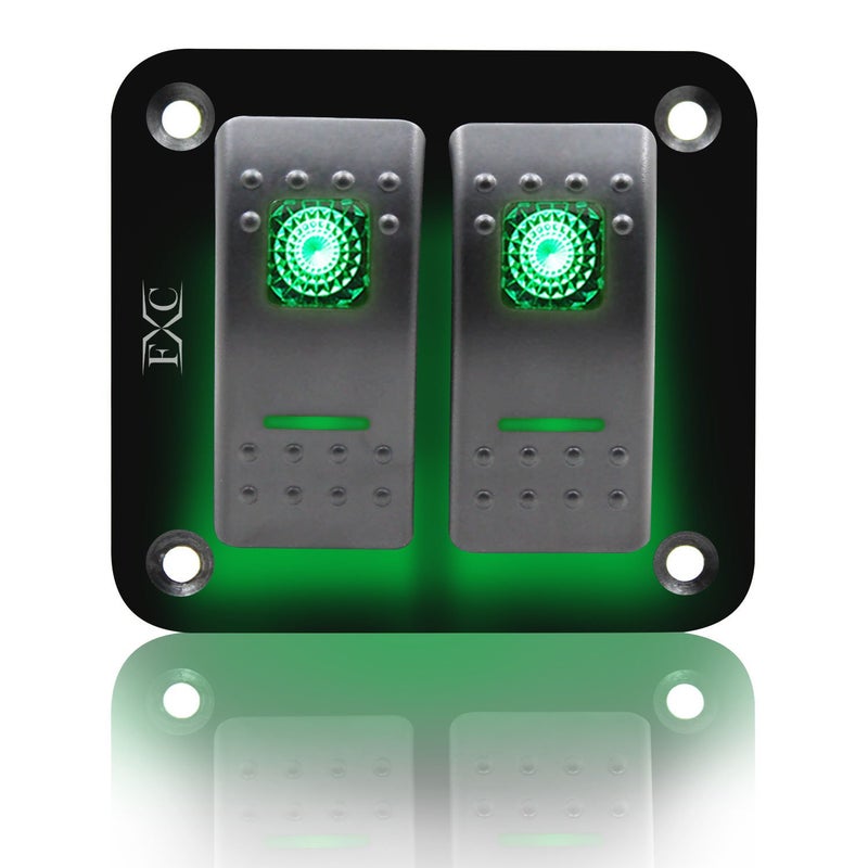 FXC Rocker Switch Aluminum Panel 2 Gang Toggle Switches Dash 5 Pin ON/Off 2 LED Backlit for Boat Car Marine Green - Image 1