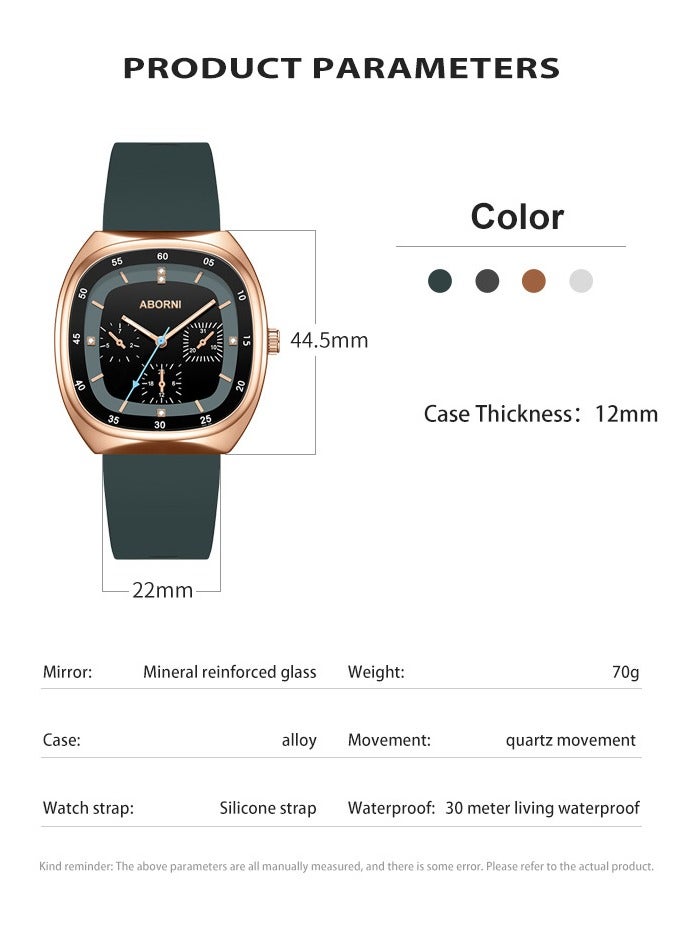 ABORNI Fashionable Silicone Strap Women's Quartz Watch, Square Dial, Mineral Reinforced Glass, Waterproof, Luminous, Simple & Elegant Design - Image 5