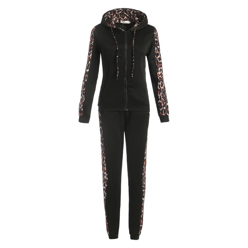 Leopard Print Zip Hoodie  Pants Set Black - Image 1