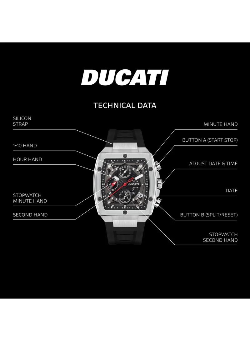 دوكاتي Ducati DT008 Gents Chronograph Watch – Black Dial, Screw-Detail Case, Multi-Layered Design, 40mm Silicone Strap, Water Resistant 50M, Bold & Rugged Style