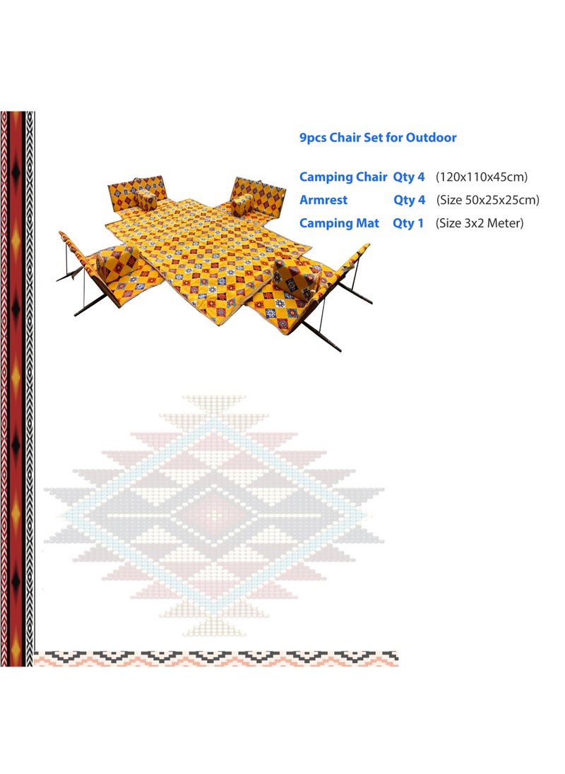 Bin Amaar - Luxury 9Pcs Traditional Arabic Majlis Set for Camping Outdoor Graden 4 Armrest 4 Floor Ground Chair for 2 Person 3X2 Meter Camping Mat - Image 1