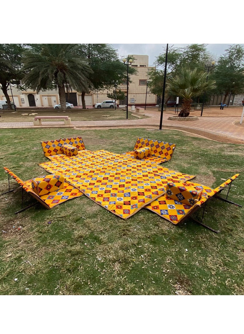 Bin Amaar - Luxury 9Pcs Traditional Arabic Majlis Set for Camping Outdoor Graden 4 Armrest 4 Floor Ground Chair for 2 Person 3X2 Meter Camping Mat - Image 1