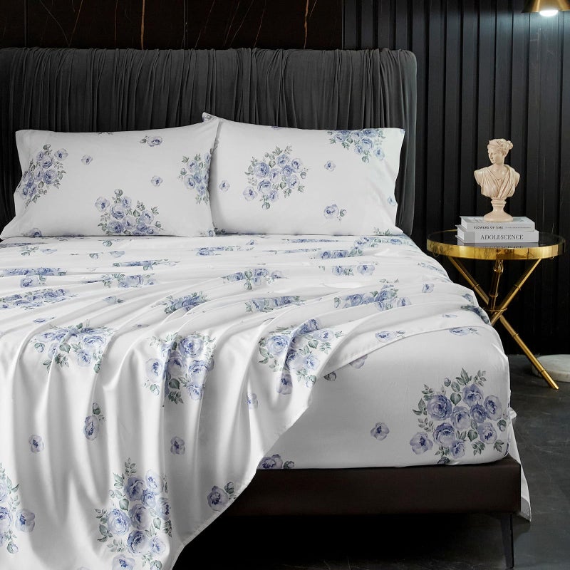 HYPREST Blue Floral Sheets Queen Size,18 inches Deep Pocket Sheets 1800 Thread Count, 4 Pieces Floral Bed Sheets Soft Breathable Aesthetic Farmhouse Shabby Chic Bed Sheets, Oeko-Tex Certificated. - Image 1