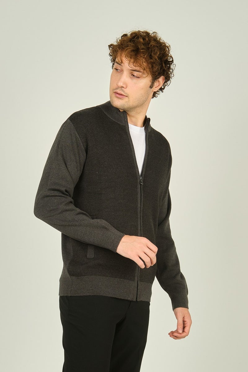 Ateş Triko Ateş Knitwear Men's Zippered Pocket Detailed Judge Collar Wool Cardigan 4491 Dark Gray  - Image 3