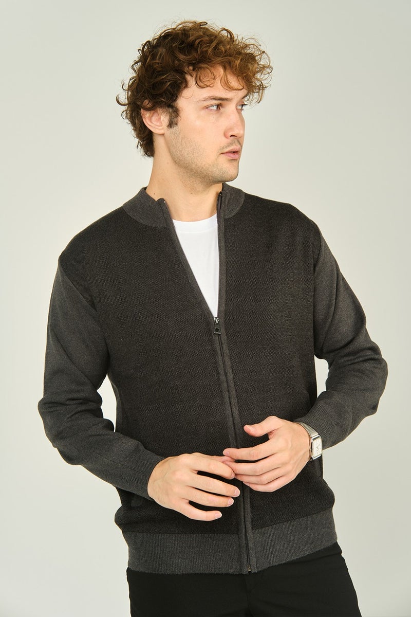 Ateş Triko Ateş Knitwear Men's Zippered Pocket Detailed Judge Collar Wool Cardigan 4491 Dark Gray  - Image 1