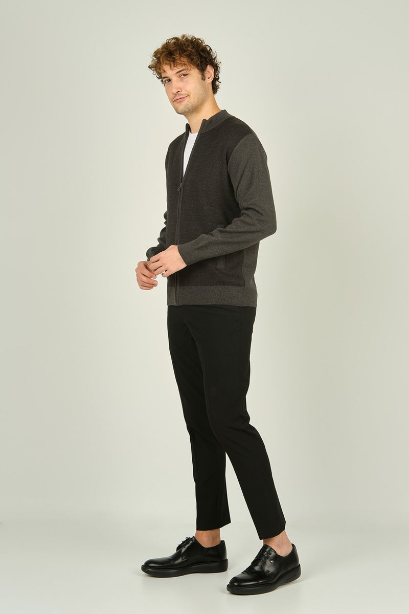 Ateş Triko Ateş Knitwear Men's Zippered Pocket Detailed Judge Collar Wool Cardigan 4491 Dark Gray  - Image 2