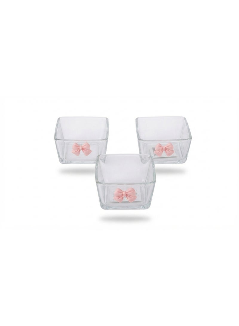Set of Square Glass Serving Dishes (3 Pieces) - With Elegant Pink Bow Design, Perfect for Desserts and Appetizers - Image 1