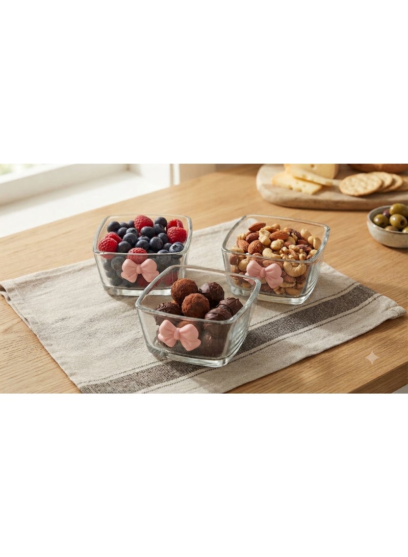 Set of Square Glass Serving Dishes (3 Pieces) - With Elegant Pink Bow Design, Perfect for Desserts and Appetizers - Image 2