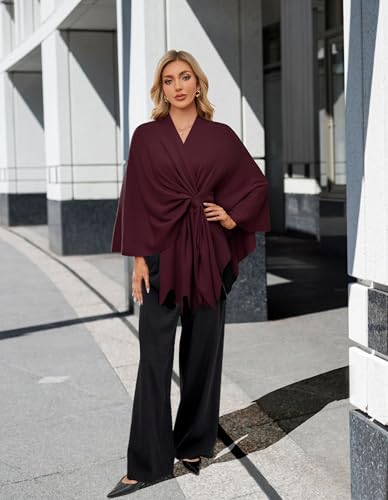 PULI Women's Elegant Shawl Wraps Soft Open Front Poncho Sweater for Spring Fall Winter burgundy - Image 2