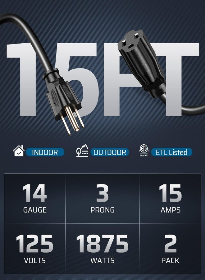 ديوينويلز سلك تمديد ديوينويلز بطول 15 قدمًا، كابل طاقة مقاوم للعوامل الجوية 14/3 SJTW للاستخدام الداخلي والخارجي، سلك طاقة ثلاثي الأطراف شديد التحمل، أسود، معتمد من ETL، عبوة من قطعتين - Image 2