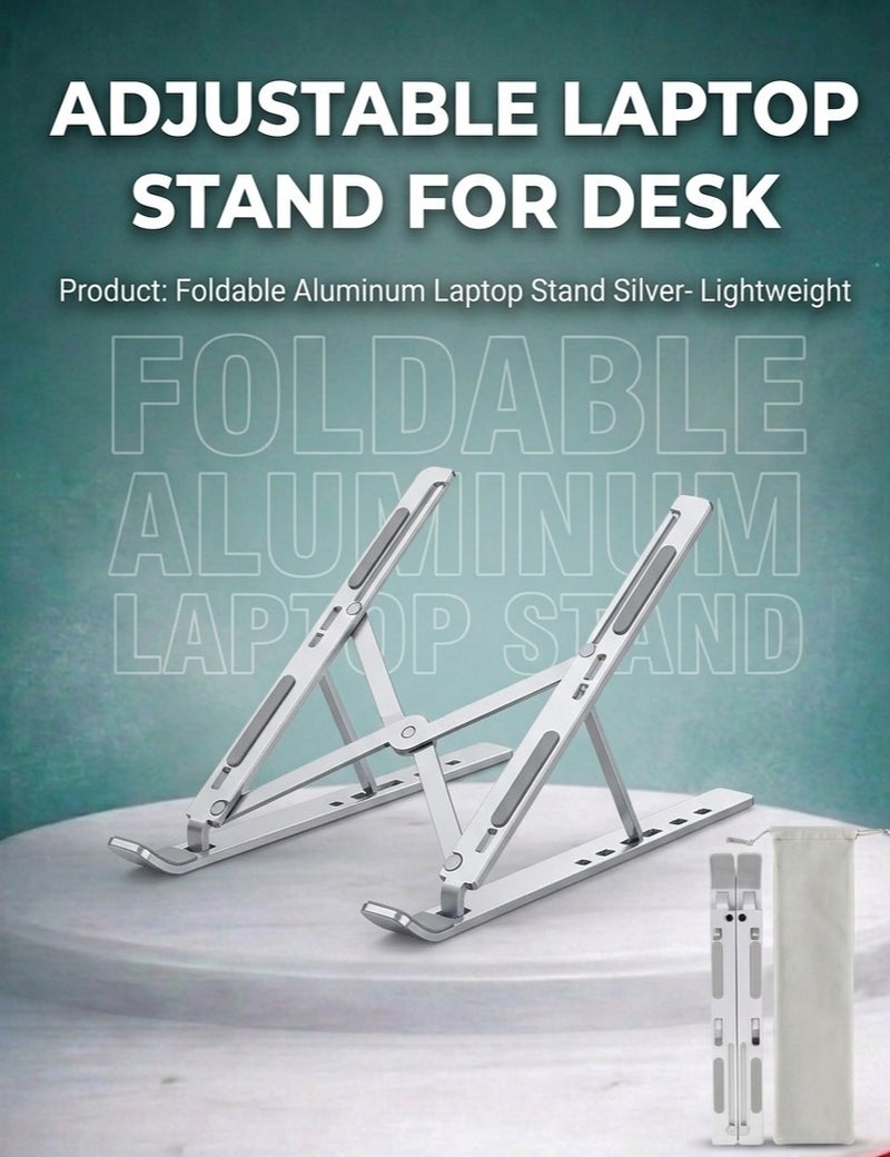 Salab Adjustable Laptop Stand for Desk- Foldable Aluminum Laptop Stand Silver- Lightweight, Portable Laptop RiserDurable Laptop Holder Adjustable Compatible with MacBook, Dell, HP & More- 27x5.5x2.5cm - Image 1