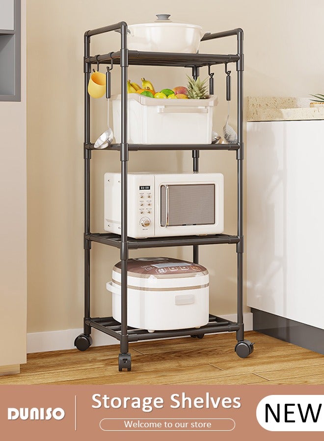 DUNISO 4 Tier Storage Shelves, Stable Kitchen Shelf Organizer, Storage Rack with Wheels and Armrests, Removable Free Standing Rack with 4 Hooks, Multipurpose Rack, Shelving Unit for Warehouse Basement Kitchen Living Room pantry - Image 1