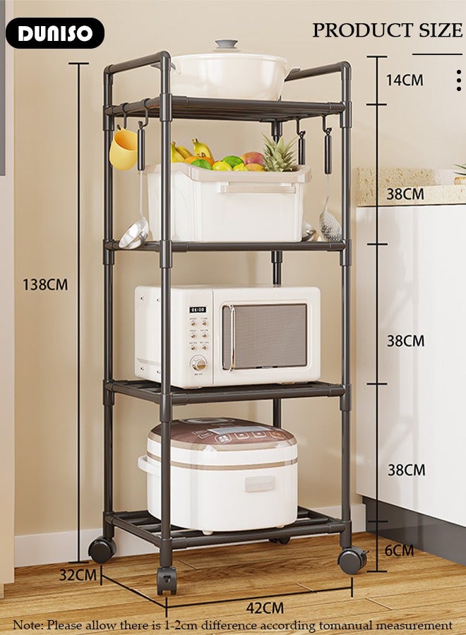 DUNISO 4 Tier Storage Shelves, Stable Kitchen Shelf Organizer, Storage Rack with Wheels and Armrests, Removable Free Standing Rack with 4 Hooks, Multipurpose Rack, Shelving Unit for Warehouse Basement Kitchen Living Room pantry - Image 4