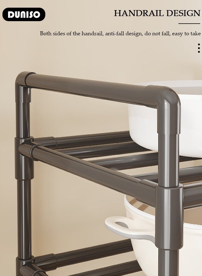 DUNISO 4 Tier Storage Shelves, Stable Kitchen Shelf Organizer, Storage Rack with Wheels and Armrests, Removable Free Standing Rack with 4 Hooks, Multipurpose Rack, Shelving Unit for Warehouse Basement Kitchen Living Room pantry - Image 5