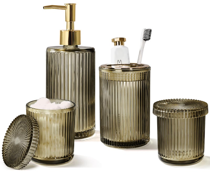KASUNTING Brown Glass Bathroom Accessories 4 Pcs, Brown Bathroom Set, Soap Dispenser and Toothbrush Holder Set, Qtip Holder Set, Vintage Bathroom Sink Set, Modern Bathroom Decor - Image 1