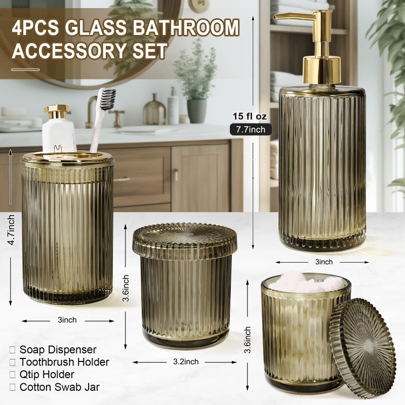 KASUNTING Brown Glass Bathroom Accessories 4 Pcs, Brown Bathroom Set, Soap Dispenser and Toothbrush Holder Set, Qtip Holder Set, Vintage Bathroom Sink Set, Modern Bathroom Decor - Image 2