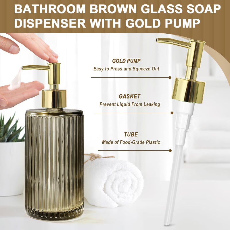 KASUNTING Brown Glass Bathroom Accessories 4 Pcs, Brown Bathroom Set, Soap Dispenser and Toothbrush Holder Set, Qtip Holder Set, Vintage Bathroom Sink Set, Modern Bathroom Decor - Image 3
