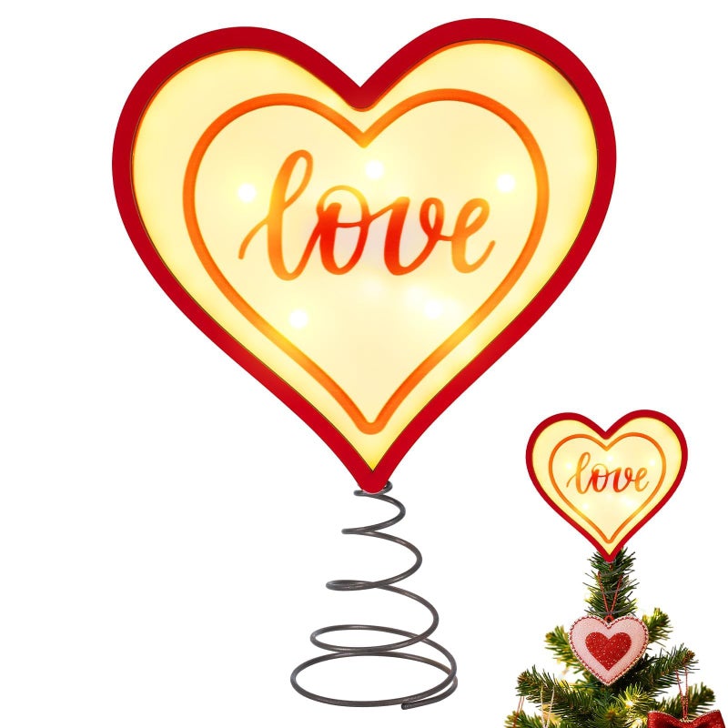 ARQRHTLY 11 Inch Valentines Tree Topper Light up Red Heart Tree Topper Wooden Heart Love Treetop Decoration with LED Lights for Valentines Day Party Wedding Holiday Indoor Home Tabletop Decor Gift - Image 1