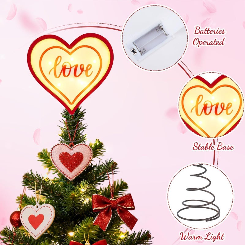 ARQRHTLY 11 Inch Valentines Tree Topper Light up Red Heart Tree Topper Wooden Heart Love Treetop Decoration with LED Lights for Valentines Day Party Wedding Holiday Indoor Home Tabletop Decor Gift - Image 3
