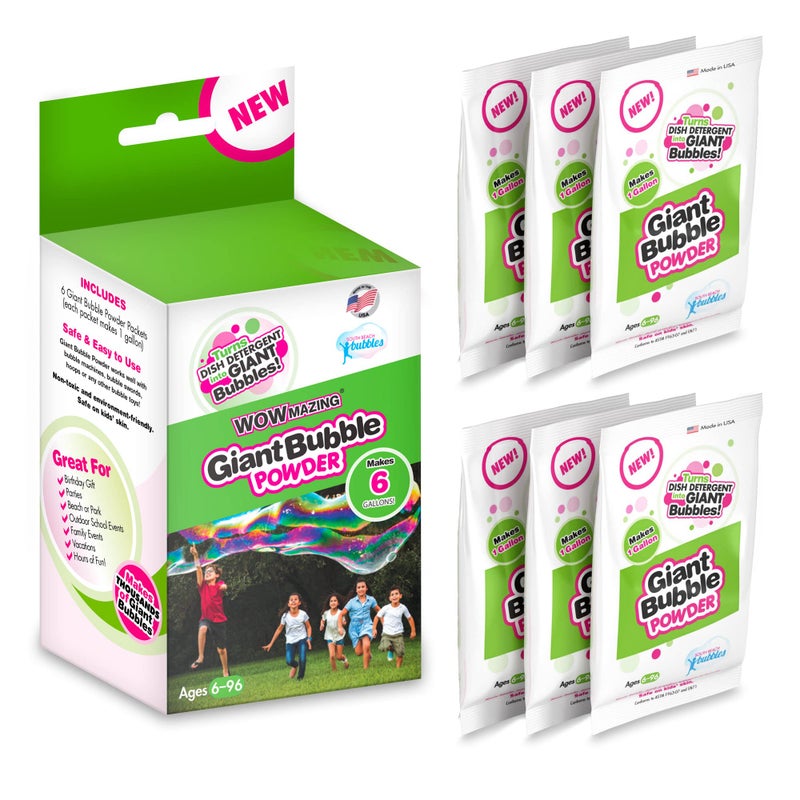 WOWmazing Big Bubble Refill Powder Mix (6 Packets) - Turns Dish Detergent into Giant Bubbles. Makes 6 GALLONS! - Made in USA - Image 1