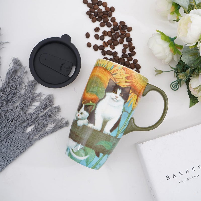 DUSVALLY Ceramic Mug Large Coffee Cup Tall Mugs Porcelain Latte Tea Cup with Lid 17oz Animal MugCat