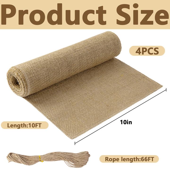 DECOHS 4 Rolls Natural Burlap Tree Wrap Rolls- 10in x 10ft Burlap Fabric Tree Trunk Protector- Burlap Plants Wrap Bandage with Ropes- Frost & Freeze Protection Cloth for Winter Outdoor Trees, Shrubs, Plants - Image 2
