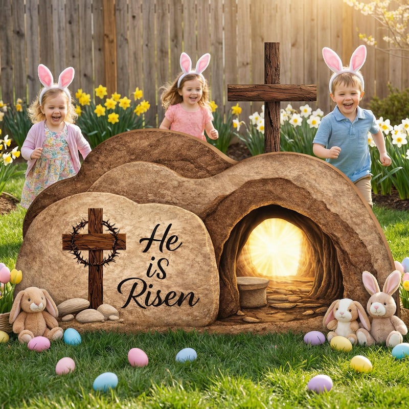 LFUTARI 48'' x 25'' Easter Empty Tomb Cardboard Display, Religious Resurrection Cardboard Decoration, Stand-Up He is Risen Cutout for Easter Gathering Church Stage Background Photo Prop - Image 4