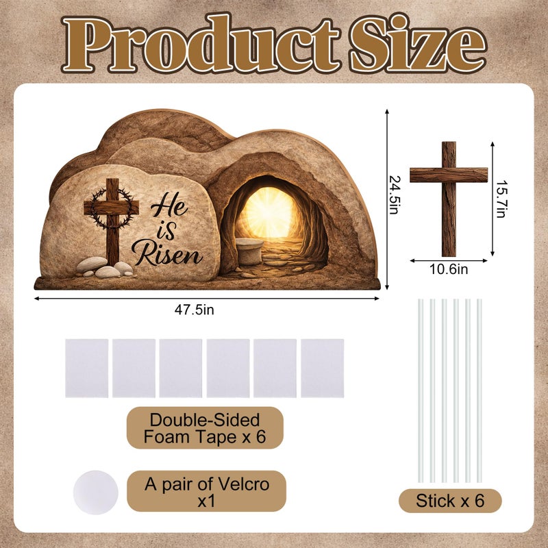 LFUTARI 48'' x 25'' Easter Empty Tomb Cardboard Display, Religious Resurrection Cardboard Decoration, Stand-Up He is Risen Cutout for Easter Gathering Church Stage Background Photo Prop - Image 2