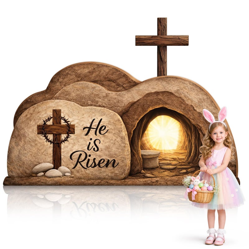 LFUTARI 48'' x 25'' Easter Empty Tomb Cardboard Display, Religious Resurrection Cardboard Decoration, Stand-Up He is Risen Cutout for Easter Gathering Church Stage Background Photo Prop - Image 1