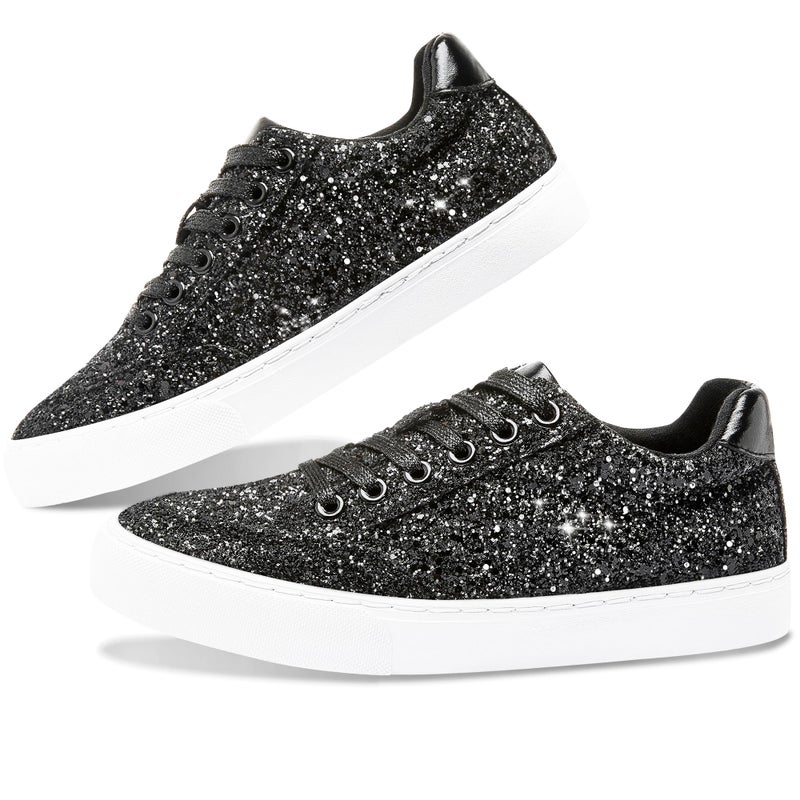 Jeekopeg Glitter Sparkly Fashion Sneakers Shoes Shiny Casual Shoes Bling Sequin Concert Low Cut Lace up Shoes(Black Glitter,5.5Women/4.5 Men) - Image 1