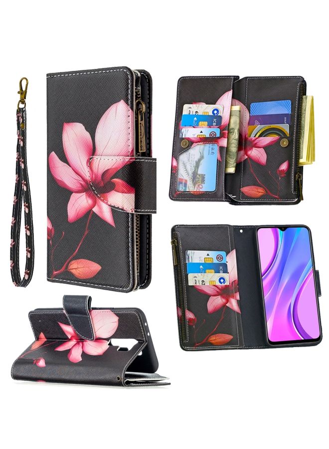 HuHa Case Cover For Xiaomi Redmi 9 Colored Drawing Pattern Zipper Horizontal Flip Leather Case with Holder & Card Slots & Wallet Lotus 