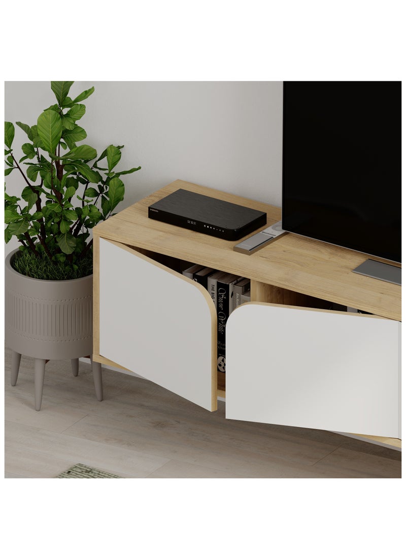 موراه خزانة موراه هوم سبارك العائمة للتلفزيون حتى ٧٠ بوصة | وحدة تلفزيون مثبتة على الحائط بأربعة أبواب | وحدة تلفزيون | ١٨٠ × ٣٥٫٦ × ٣٥ سم | بلوط/أبيض - Image 4