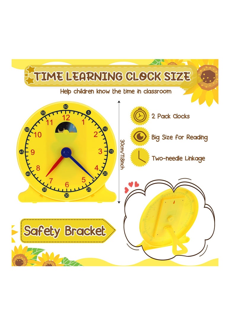 2 Pcs Student Clock Time Telling Teaching Clock for Kids Classroom Learning Analog Clock Judy Clock Teachers Supplies Develops Day and Night Time Early Math Skills( 11.8 x 12 In)