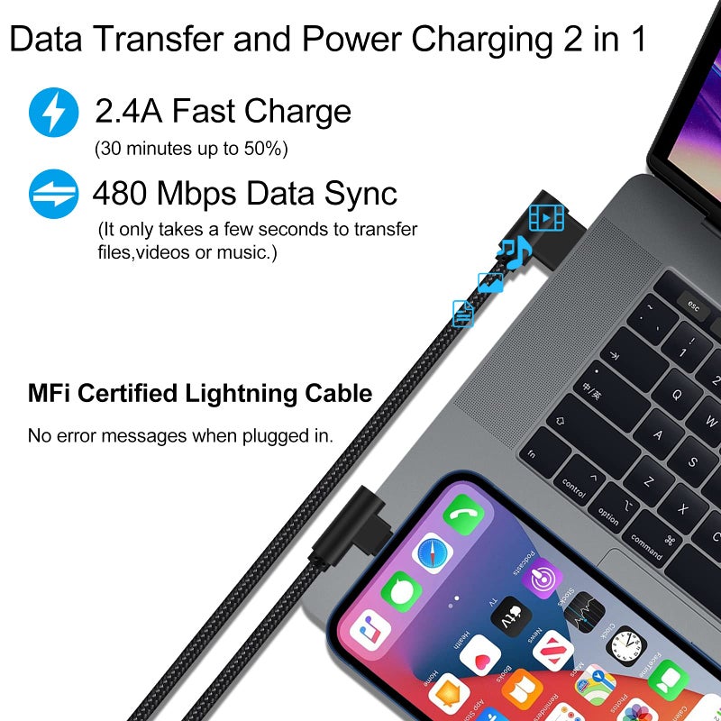Osecet شاحن Osecet iPhone بطول 3 أقدام معتمد من MFi عبوة 3 كابلات نايلون مضفرة بزاوية 90 درجة لكابل شحن بزاوية صحيحة لـ iPhone 14 13 12 11 Pro X XS XR 8 Plus 7 6 5 وأكثر (أسود، 3 أقدام) - Image 4