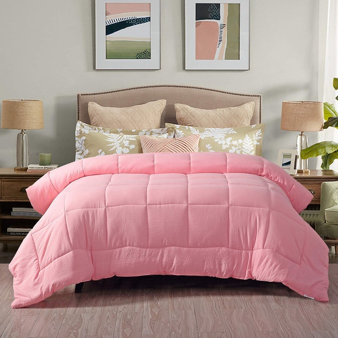 ALL SEASON PRE WASHED SOFT MICROFIBER WHITE GOOSE DOWN ALTERNATIVE COMFORTER WITH BOX STITCHING PINK TWIN