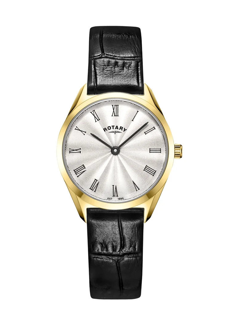Rotary Women's Ultra Slim Analogue Watch, 27 mm, Silver Dial, Black Leather Strap