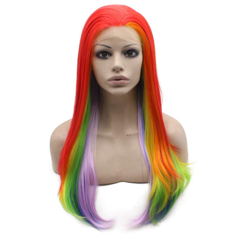 Mxangel Long Straight Colorful Rainbow Ombre Heat Friendly Fiber Lace front Cosplay Party Wig