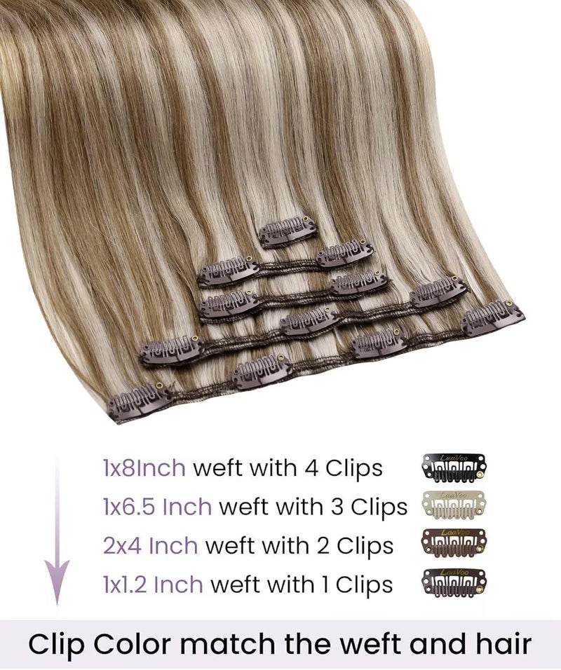 LaaVoo Clip in Hair Extensions Natural Light Brown with Platinum Blonde Highlights 45cm 5pcs 80g Light Remy Hair - Ideal for Travel #p8/24 - Image 2
