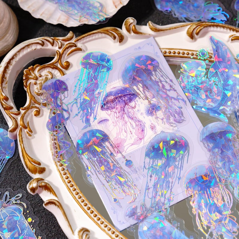 YOKSAS 120 Pcs Holographic Glitter Jellyfish Ocean Life Stickers - Transparent Sea Marine Animal Stickers for Junk Journal,Scrapbooking Supplies - Image 4