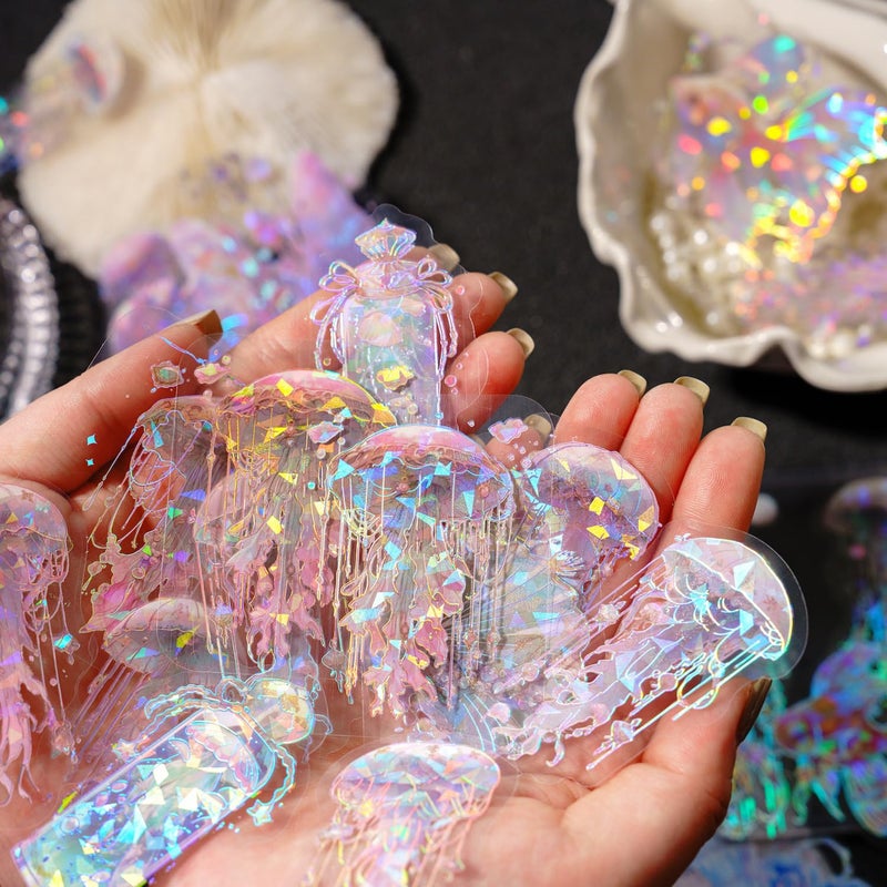 YOKSAS 120 Pcs Holographic Glitter Jellyfish Ocean Life Stickers - Transparent Sea Marine Animal Stickers for Junk Journal,Scrapbooking Supplies - Image 2
