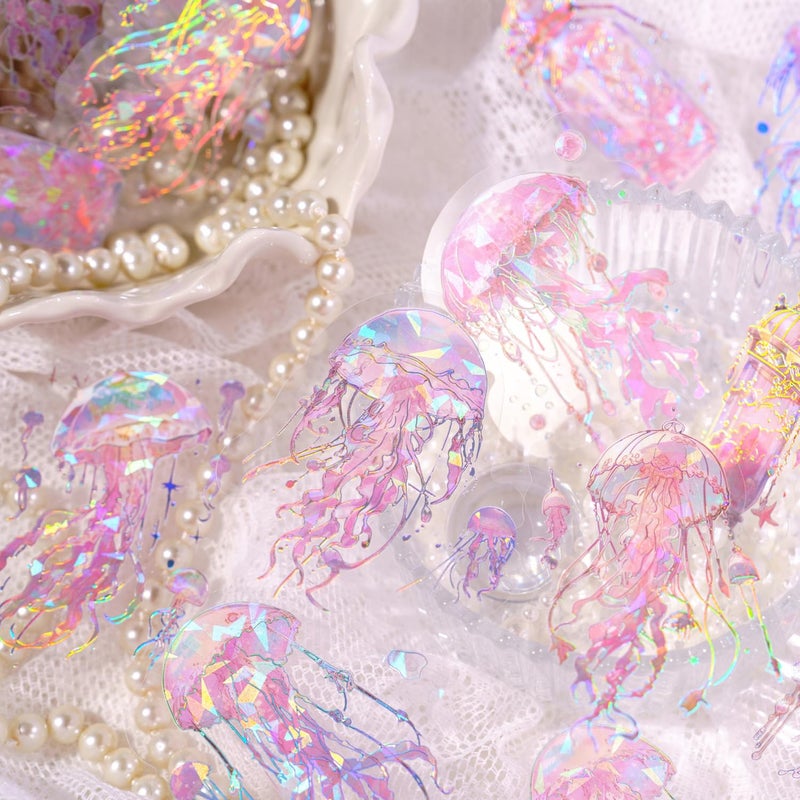 YOKSAS 120 Pcs Holographic Glitter Jellyfish Ocean Life Stickers - Transparent Sea Marine Animal Stickers for Junk Journal,Scrapbooking Supplies - Image 3
