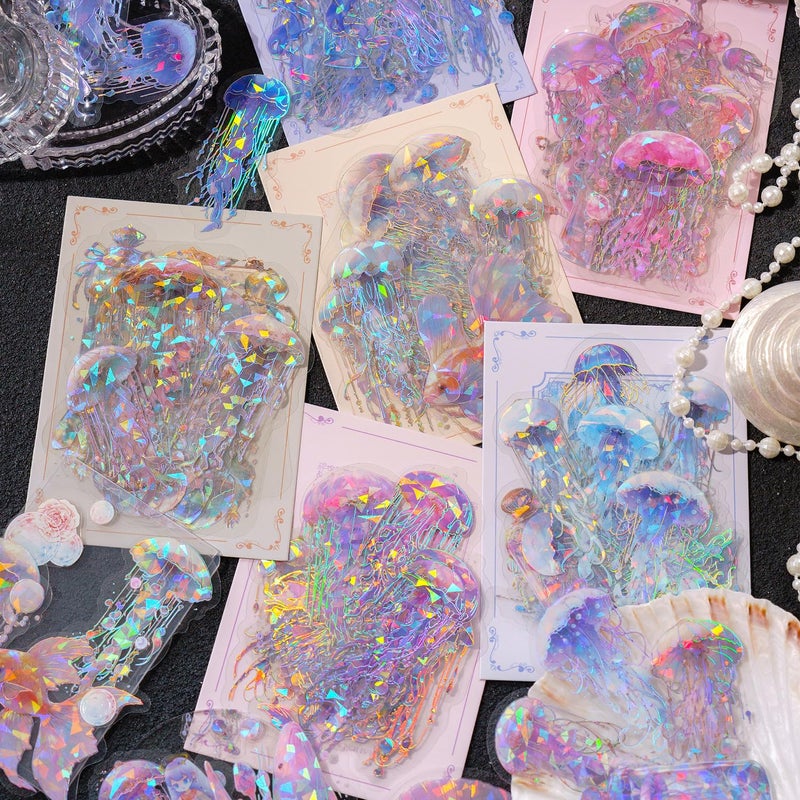 YOKSAS 120 Pcs Holographic Glitter Jellyfish Ocean Life Stickers - Transparent Sea Marine Animal Stickers for Junk Journal,Scrapbooking Supplies - Image 1