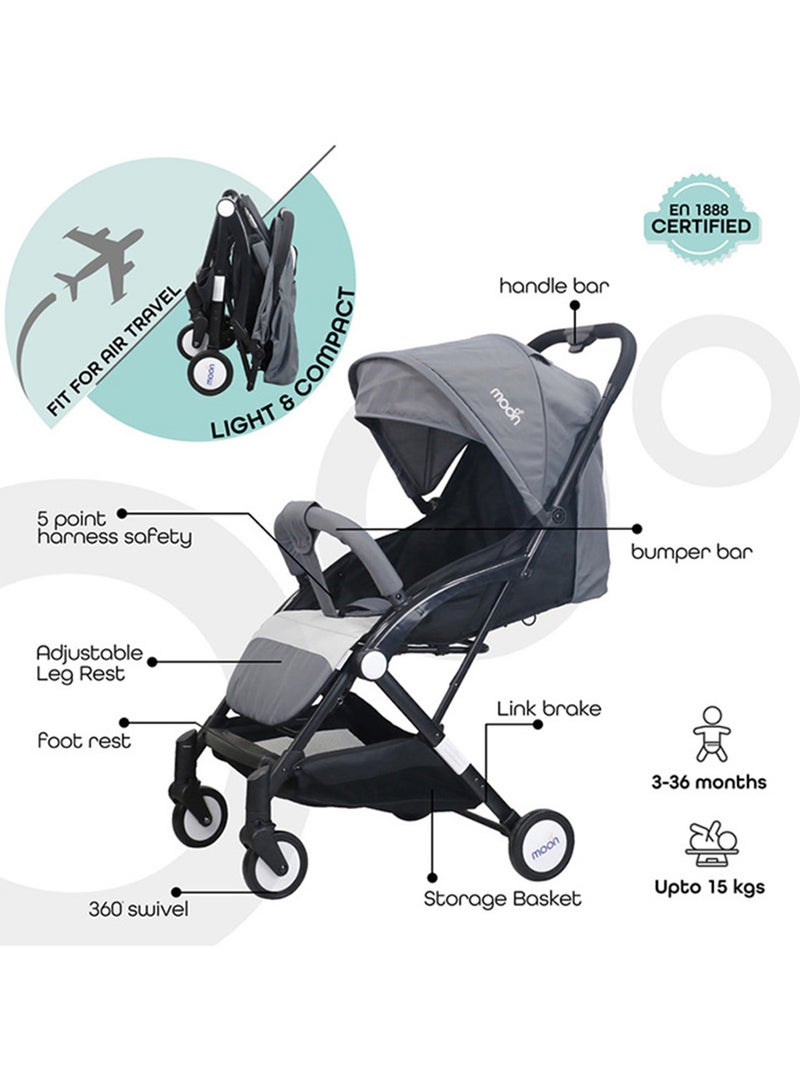 Moon Compact Stroller – Fold, Cabin-Approved, Air Travel Friendly, Lightweight, Easy Carry, for 0–3Y (0–18kg) – Mid Grey - Image 2