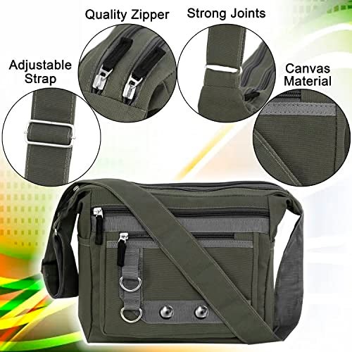 TULMAN Canvas Sling Cross Body Travel Bag, College Messenger One Side Shoulder Bag, Multi Pocket Sling Bag for Men & Women - 30 x 13 x 26 CM - Olive Green - Image 4