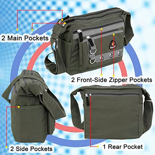 TULMAN Canvas Sling Cross Body Travel Bag, College Messenger One Side Shoulder Bag, Multi Pocket Sling Bag for Men & Women - 30 x 13 x 26 CM - Olive Green - Image 3