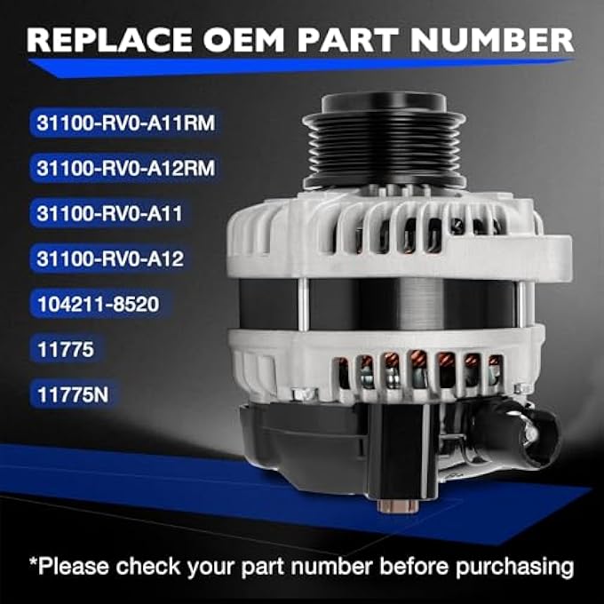 Misakomo 31100-RV0-A11 Alternator Compatible with Honda Odyssey 3.5L V6 2014 2015 2016 2017, Replaces 31100-RV0-A12 31100-RV0-A11RM 104211-8520 11775 11775N, 12V 130A 6-Groove - Image 3